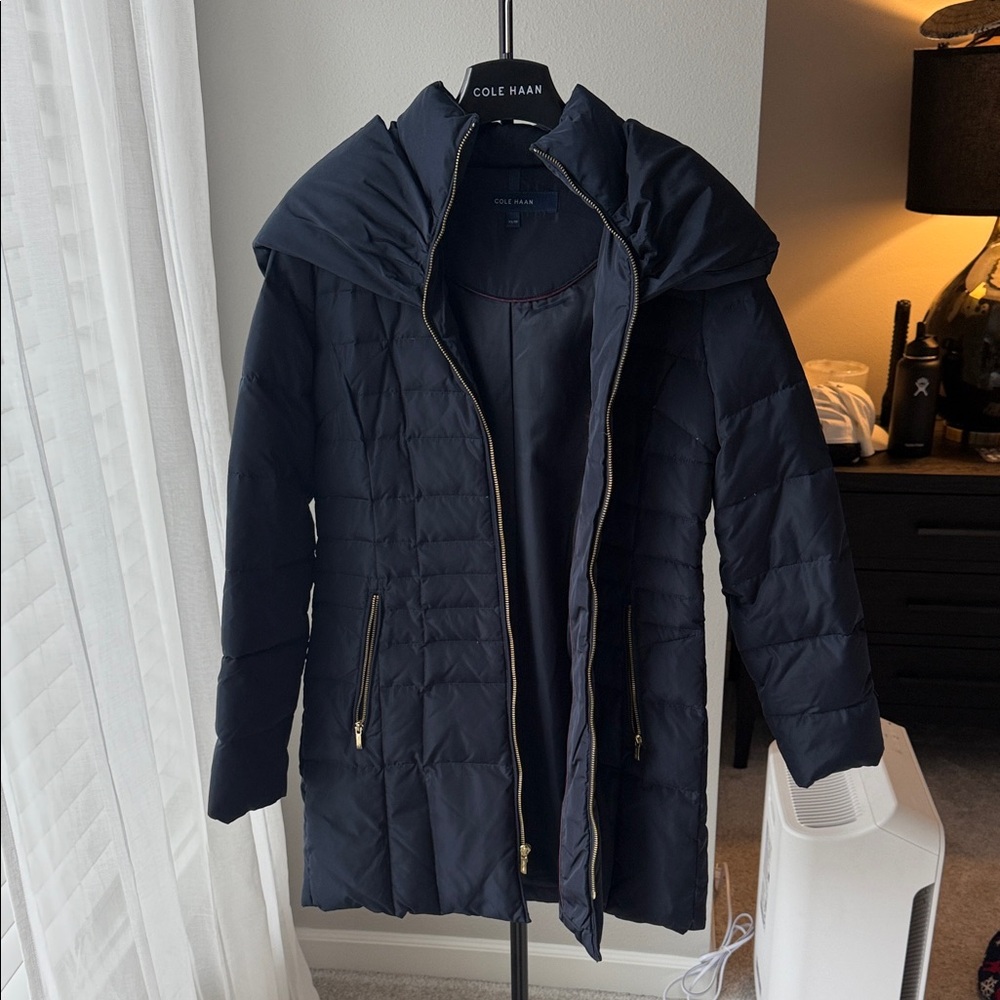 Cole Haan Dark Blue Quilted Jacket with Gold Accents